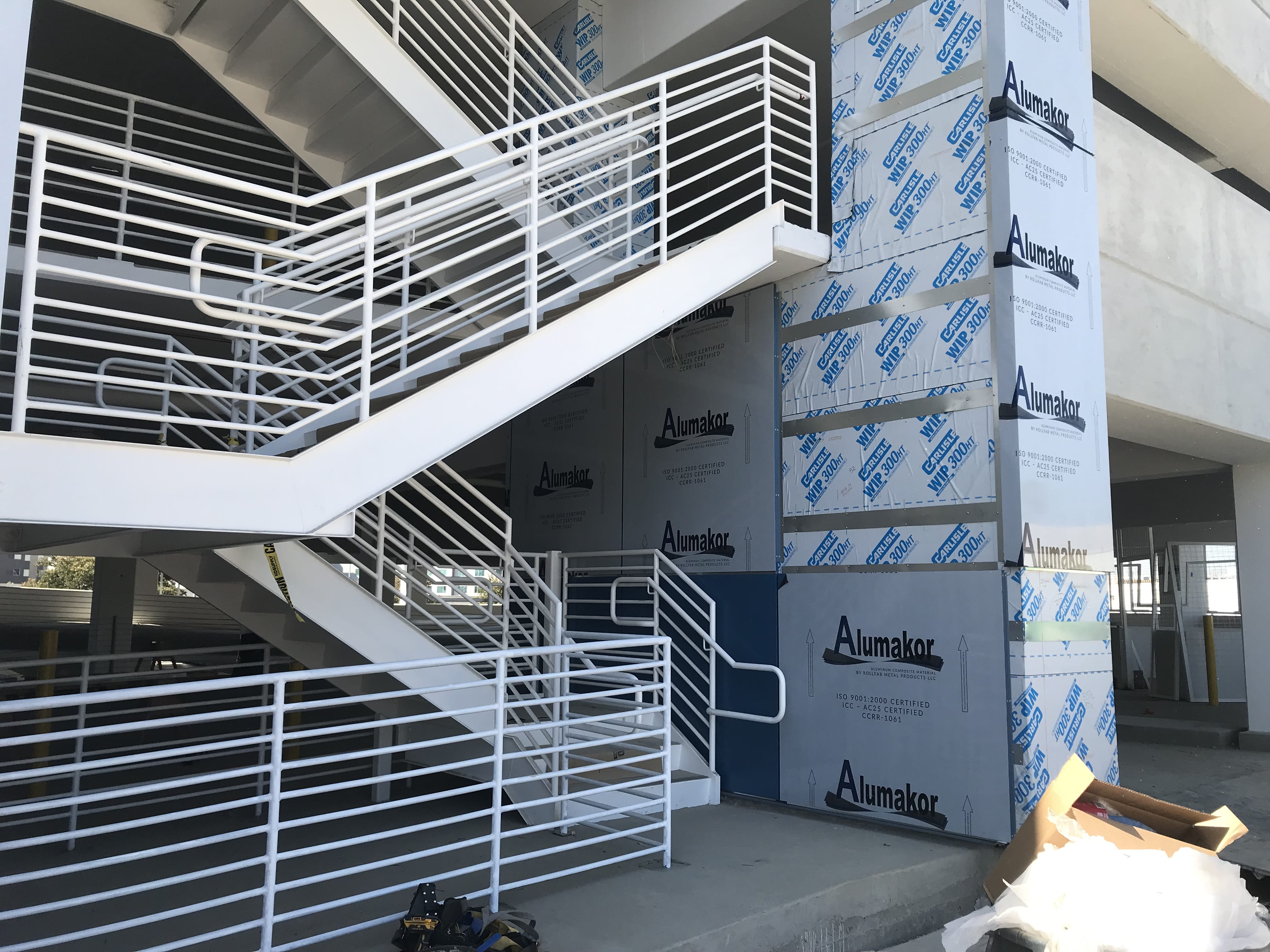 White-painted steel stair and rail assembly